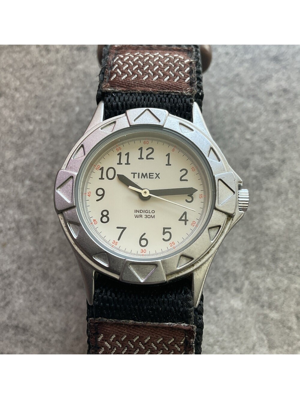 Timex Womens Watch 29mm Silver Tone Case White Indiglo Dial Nylon Band A14